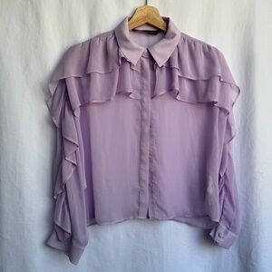 Zara Women’s Double Ruffle Long Sleeve Lilac Blouse See Thru Sheer  Size Small